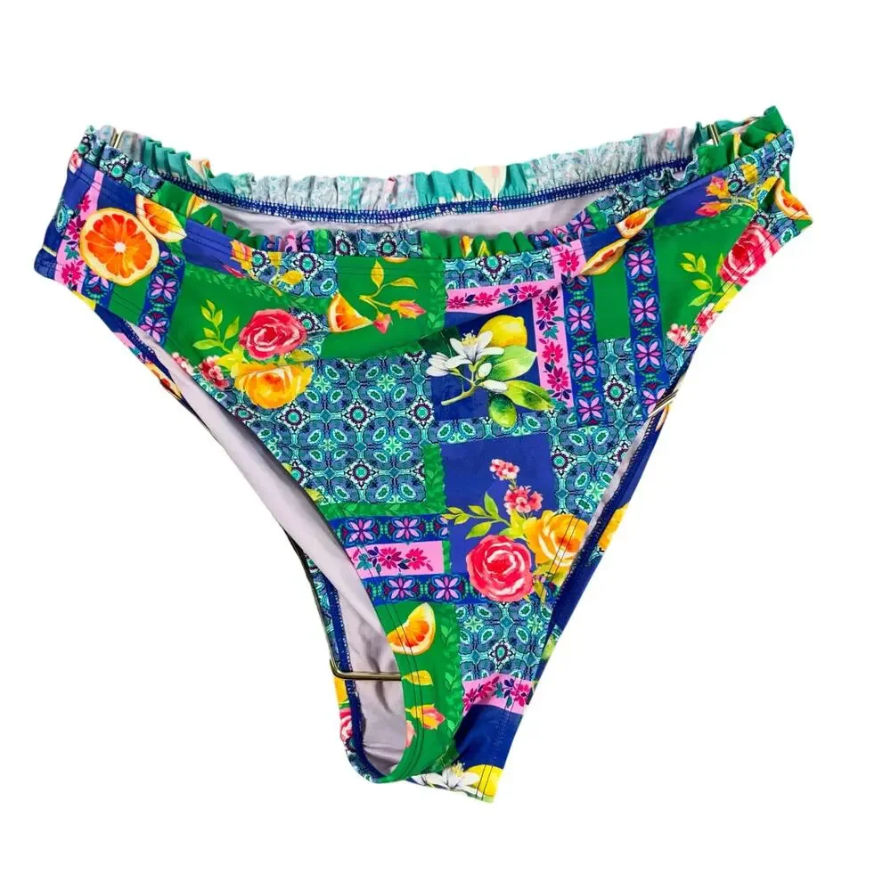 CUPSHE Citrus Floral Patchwork Swimsuit NWT Women's Large High Waist Bikini Set